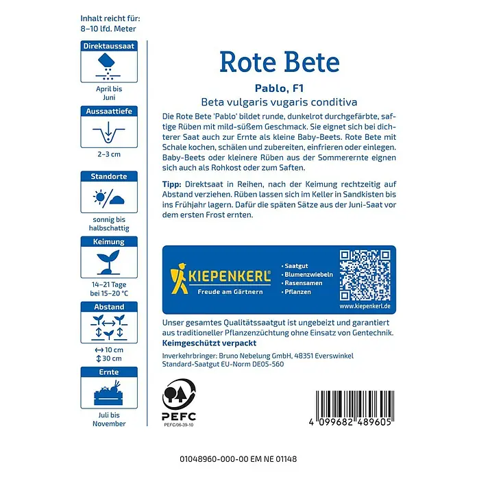 Kiepenkerl Profi-Line Gemüsesamen Rote Bete - Beta vulgaris var. vulgaris, Erntezeit: August - Bild einer Samenpackung Rote Bete Pablo F1, einer frühen Sorte mit runden, dunkelroten Rüben.
