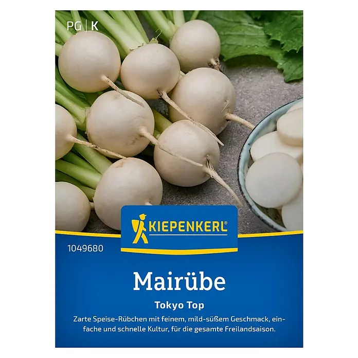 Kiepenkerl Profi-Line Gemüsesamen Mairüben - Brassica rapa, Erntezeit: Mai - Das Bild zeigt eine Packung Mairüben-Samen der Sorte Tokyo Top von Kiepenkerl, mit frischen Rüben und geschnittenen Scheiben.