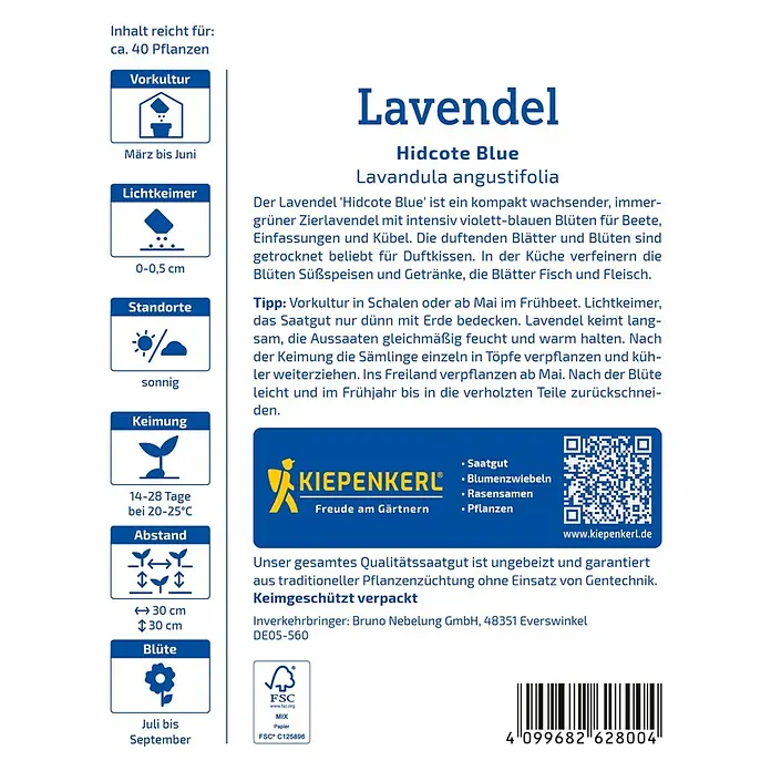 Kiepenkerl Profi-Line Blumensamen Lavendel Hidcote Blue - Lavandula angustifolia, Lavendelblau - Bild einer Lavendel 'Hidcote Blue' Samenpackung von Kiepenkerl, mit Anbauhinweisen.