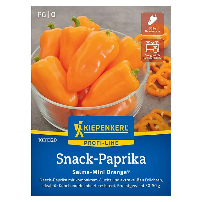 Kiepenkerl Profi-Line Gemüsesamen Snackpaprika Salma-Mini Orange - Capsicum annuum, Erntezeit: Juli - Abbildung der Saatgutpackung Snack-Paprika 'Salma-Mini Orange' von Kiepenkerl, ideal für Kübel und Hochbeete, mit orangen Früchten.
