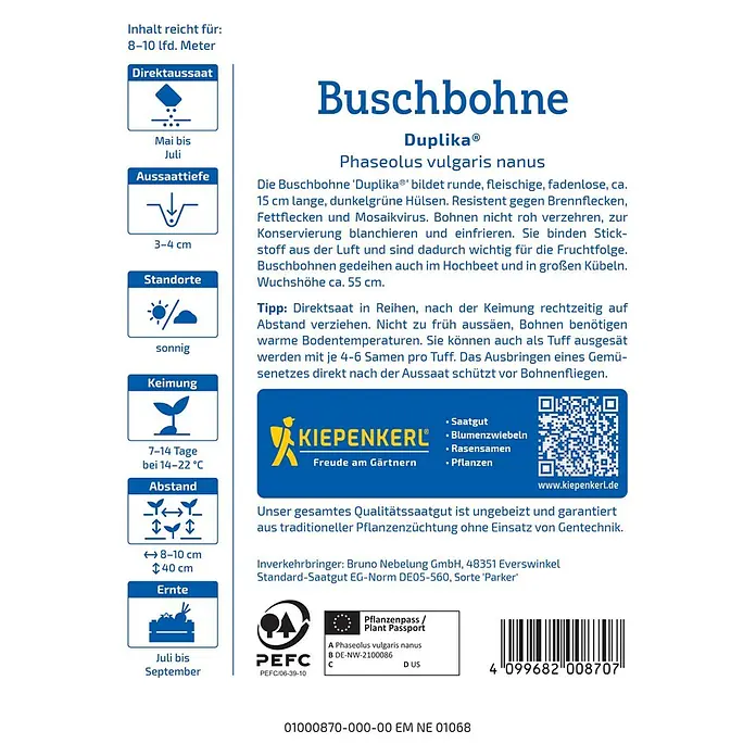 Kiepenkerl Gemüsesamen Buschbohne Duplika® - Phaseolus vulgaris var. nanus, Erntezeit: Juli - Bild einer 'Duplika'-Buschbohnen-Samenpackung von Kiepenkerl, ideal für den Anbau von resistenten, dunkelgrünen Bohnen im eigenen Garten.
