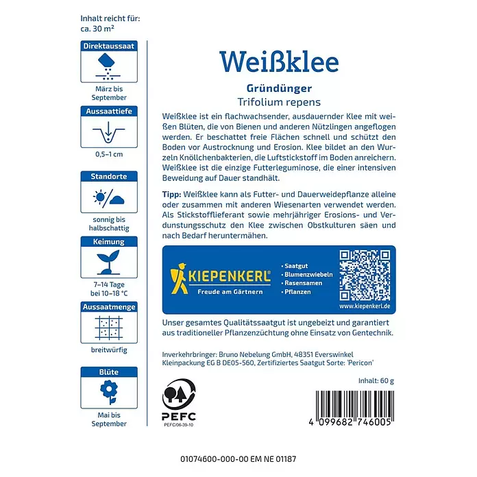 Kiepenkerl Gründüngung Weißklee - Trifolium repens, Inhalt reicht für ca. 30 Quadratmeter - Kiepenkerl Weißklee-Samenpackung mit Pflanzanleitung, Vorteilen und Branding. Ein PEFC-zertifiziertes Gründünger-Produkt.