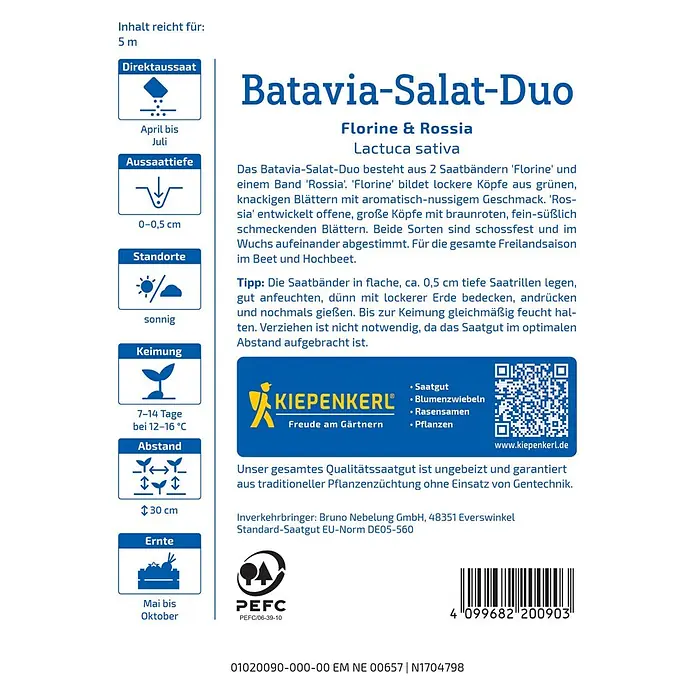 Kiepenkerl Salatsamen Batavia-Salat Florine/Rossia - Lactuca sativa, Erntezeit: Mai - Abbildung der Verpackung von Batavia-Salat-Duo-Samen.