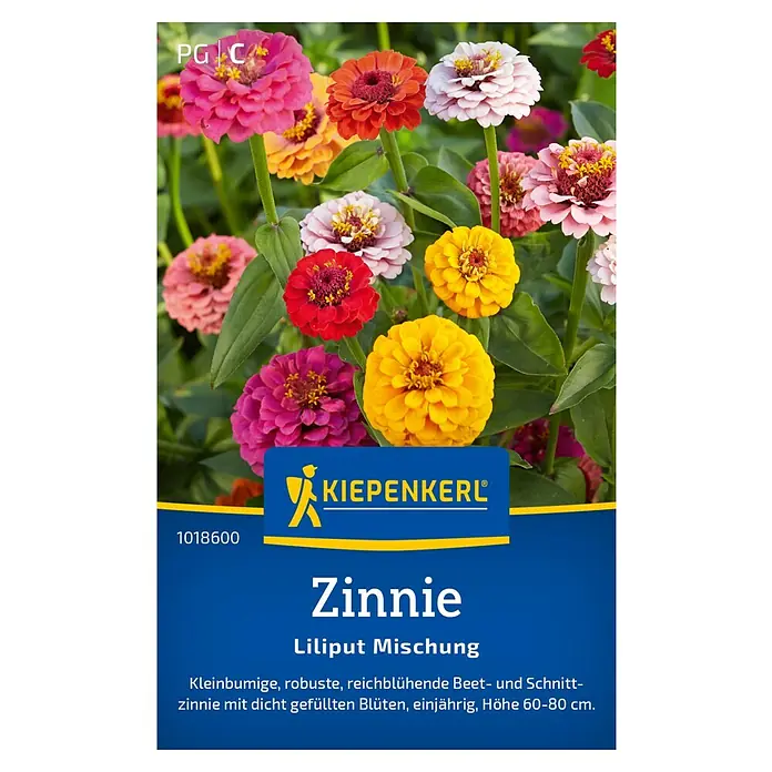 Kiepenkerl Blumensamenmischung Zinnie Liliput - Zinnia elegans, Mehrfarbig - Das Bild zeigt eine Packung Zinnien Liliput Mischung Samen der Marke Kiepenkerl, mit bunten Zinnienblüten im Hintergrund.