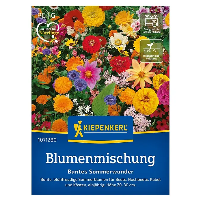 Kiepenkerl Blumensamen Buntes Sommerwunder - Verschiedene Sorten, Mehrfarbig, 1 m² - 2 m² - Samenpackung für KIEPENKERL Blumenmischung "Buntes Sommerwunder". Geeignet für Beete, Hochbeete und Kübel, einjährig.