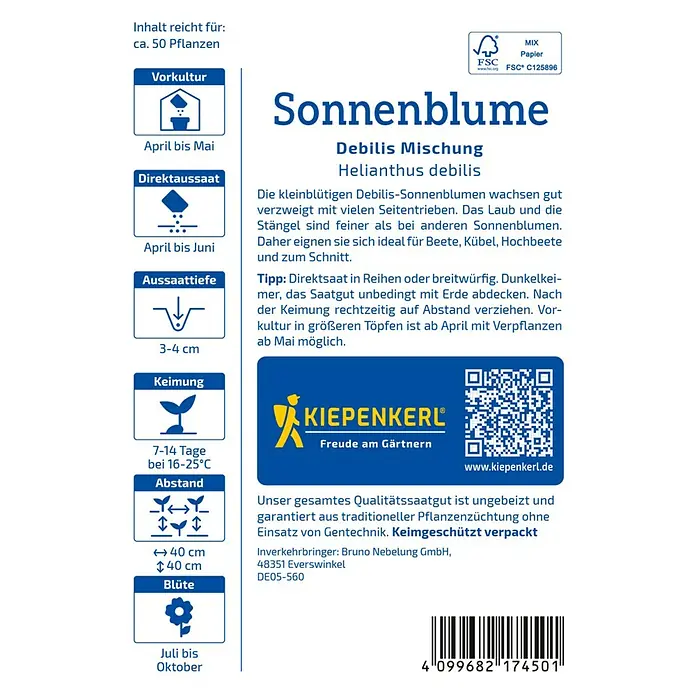 Kiepenkerl Blumensamen Sonnenblume - Helianthus debilis, Mehrfarbig - Samentüte Sonnenblume 'Debilis Mischung' von Kiepenkerl mit Infos zur Aussaat, Blütezeit und Abstand.