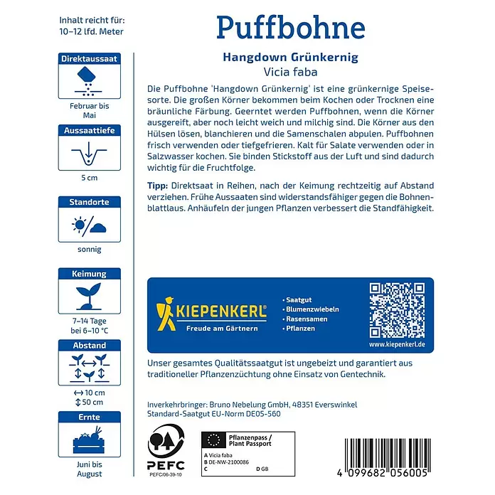 Kiepenkerl Gemüsesamen Puffbohne 'Hangdown Grünkernig' - Vicia faba - Samenpäckchen für Puffbohne 'Hangdown Grünkernig' von Kiepenkerl mit Pflanzanleitung und Pflanzenpass.