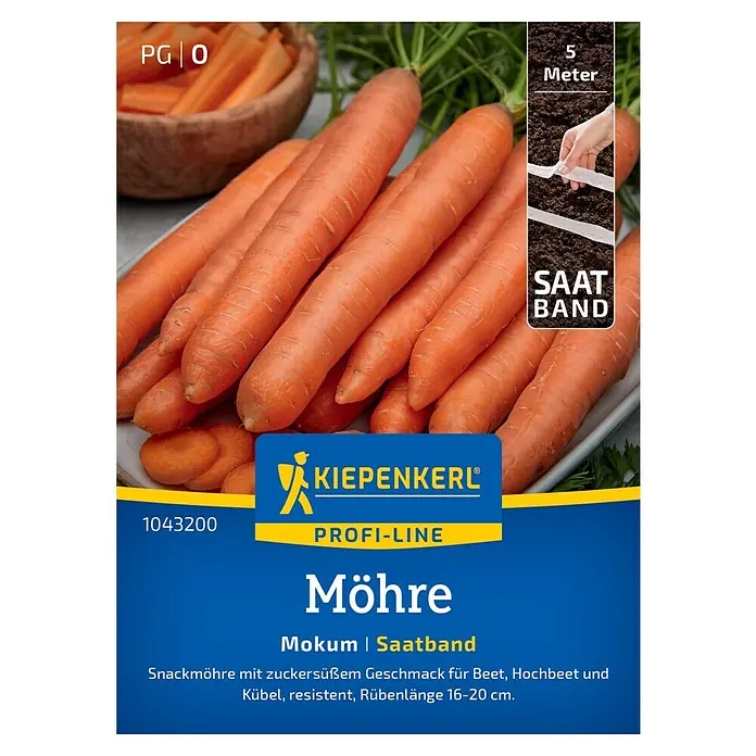 Kiepenkerl Profi-Line Gemüsesamen Möhre - Daucus carota, Erntezeit: Mai - Das Bild zeigt eine Packung Möhren-Saatband der Marke Kiepenkerl, Sorte Mokum, Profi-Line.