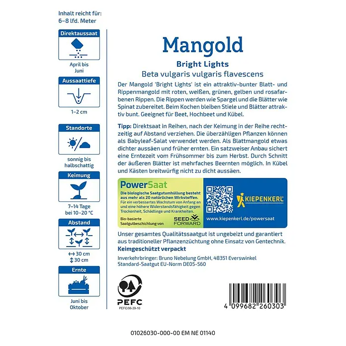 Kiepenkerl Profi-Line Gemüsesamen Mangold PowerSaat - Beta vulgaris var. vulgaris, Erntezeit: Juni - Mangold 'Bright Lights' Saatguttüte. Bunte Blätter und Rippen, ideal für Beet, Hochbeet und Kübel.
