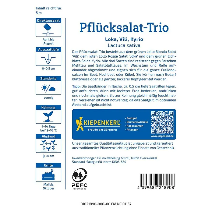 Kiepenkerl Profi-Line Gemüsesamen Pflücksalat-Trio - Verschiedene Sorten, Erntezeit: Mai - Bild einer Samenpackung für Pflücksalat-Trio Loka, Vili, Kyrio der Marke Kiepenkerl mit Anbauhinweisen.