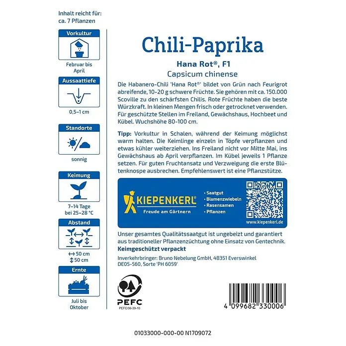 Kiepenkerl Profi-Line Gemüsesamen Chili-Paprika Hana Rot - Capsicum chinense, Erntezeit: Juli - Bild einer Chili-Paprika-Samenpackung von Kiepenkerl. Die Sorte Hana Rot F1 ist Capsicum chinense und für sonnige Standorte geeignet.