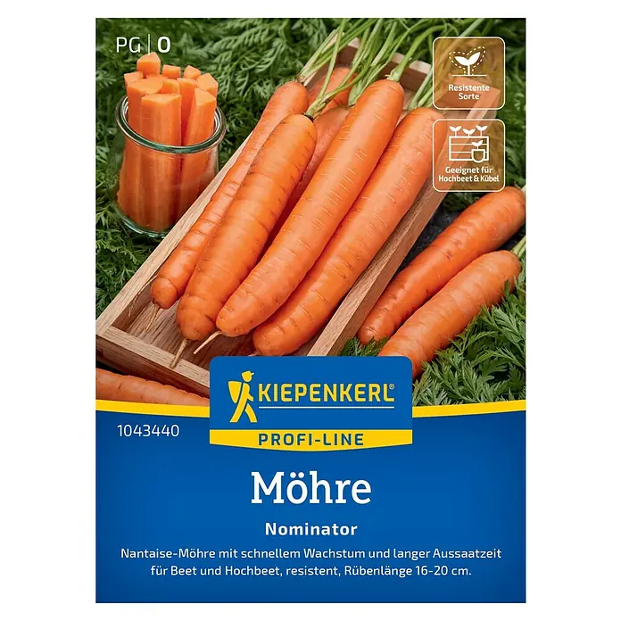 Kiepenkerl Profi-Line Gemüsesamen Möhren - Daucus carota, Erntezeit: Juli - Abbildung einer Kiepenkerl Profi-Line Möhre "Nominator", eine Nantaise-Möhre mit schnellem Wachstum.