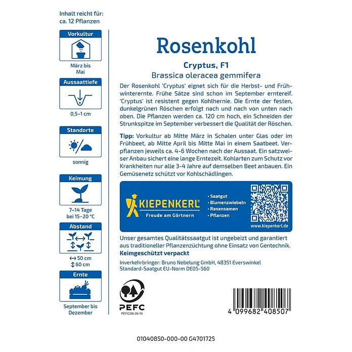 Kiepenkerl Profi-Line Gemüsesamen Rosenkohl Cryptus - Brassica oleracea var. gemmifera, Erntezeit: September - Produktbild: Rosenkohl Cryptus F1 Samenpackung von Kiepenkerl mit Anbauhinweisen und Produktinformationen.