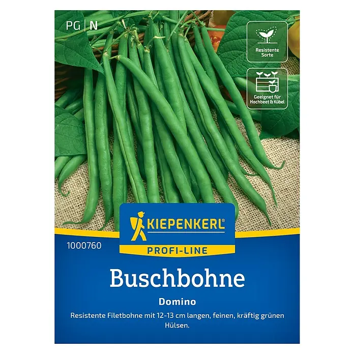 Kiepenkerl Profi-Line Gemüsesamen Buschbohne Domino - Phaseolus vulgaris, Erntezeit: Juli - Abbildung einer Packung Buschbohnen Domino, einer resistenten Sorte, geeignet für Hochbeete und Kübel.