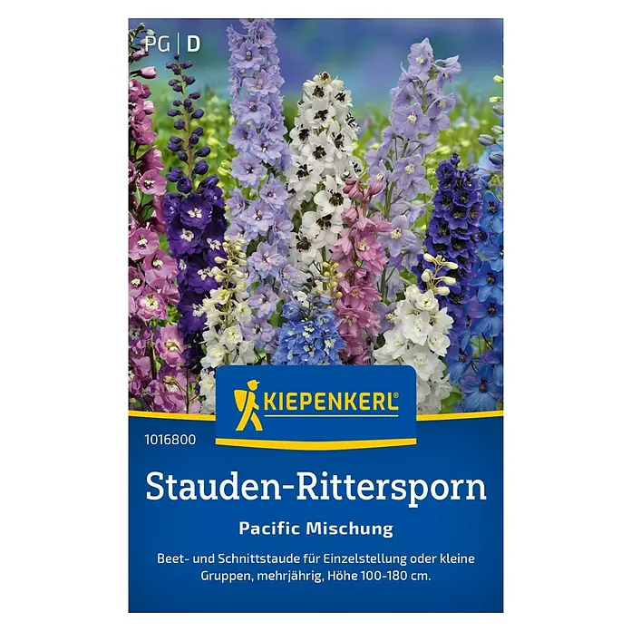 Kiepenkerl Profi-Line Blumensamen Stauden-Rittersporn - Delphinium x cultorum, Mehrfarbig - Samentüte Stauden-Rittersporn Pacific Mischung von Kiepenkerl, mit farbenprächtigen, hohen Blütenständen in verschiedenen Farben.