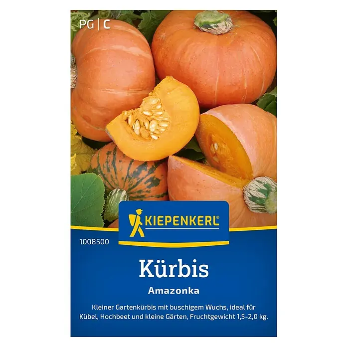Kiepenkerl Gemüsesamen Kürbis Amazonka - Cucurbita pepo, Erntezeit: August - Abbildung des Kiepenkerl Kürbis 'Amazonka'. Ein kleiner Gartenkürbis, ideal für Kübel und Hochbeete. Fruchtgewicht 1,5-2,0 kg.