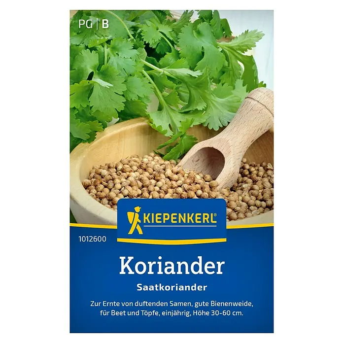 Kiepenkerl Kräutersamen Koriander Saatkoriander - Coriandrum sativum, Saatzeit: April, Erntezeit: Juni - Samenpackung Koriander der Marke Kiepenkerl mit Koriandersamen und -blättern.