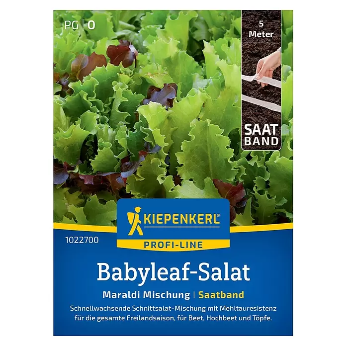 Kiepenkerl Profi-Line Salatsamenmischung Babyleaf Meraldi - Verschiedene Sorten, Erntezeit: Mai - Kiepenkerl Babyleaf-Salat Maraldi-Mischung Saatband (5m). Packung zeigt grünen und roten Salat; Inset zeigt Hand beim Auslegen des Saatbands in Erde.