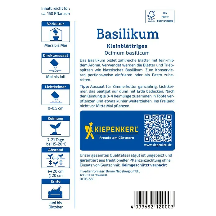 Kiepenkerl Kräutersamen Basilikum kleinblättrig - Ocimum basilicum, Erntezeit: Juni - Abbildung einer Saatguttüte für kleinblättriges Basilikum der Marke Kiepenkerl mit Anweisungen zu Anbau und Ernte.