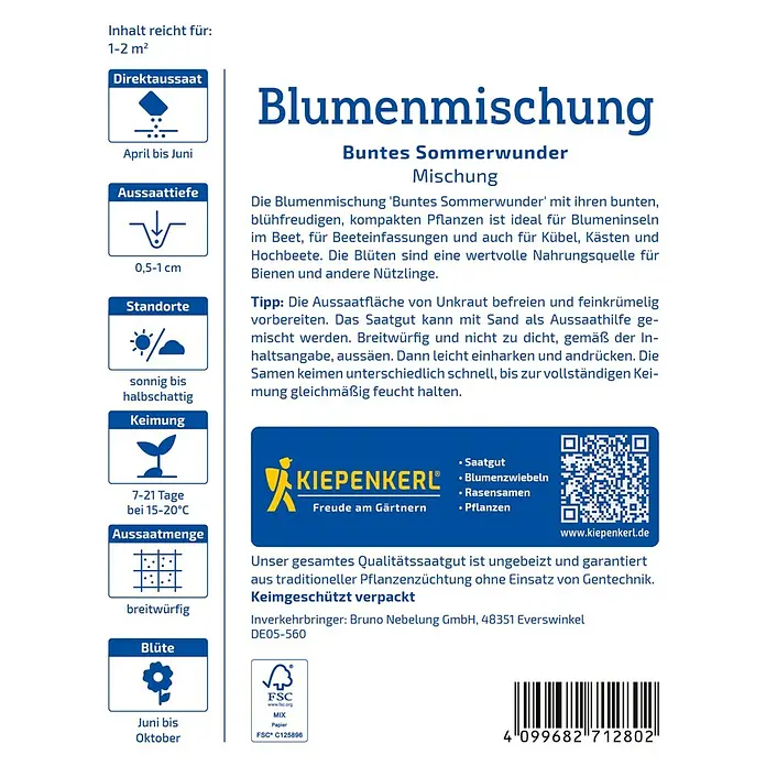 Kiepenkerl Blumensamen Buntes Sommerwunder - Verschiedene Sorten, Mehrfarbig, 1 m² - 2 m² - Samenpackung "Blumenmischung - Buntes Sommerwunder" von Kiepenkerl, ideal für Blumeninseln und Kübel, unbehandelt und gentechnikfrei.
