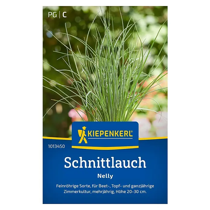 Kiepenkerl Kräutersamen Schnittlauch Nelly - Allium schoenoprasum, Saatzeit: April, Erntezeit: Juni - Bild einer 'Schnittlauch Nelly'-Samenpackung von Kiepenkerl. Feinröhrige Sorte für Beet, Topf und Zimmerkultur. Mehrjährig und 20-30cm hoch.