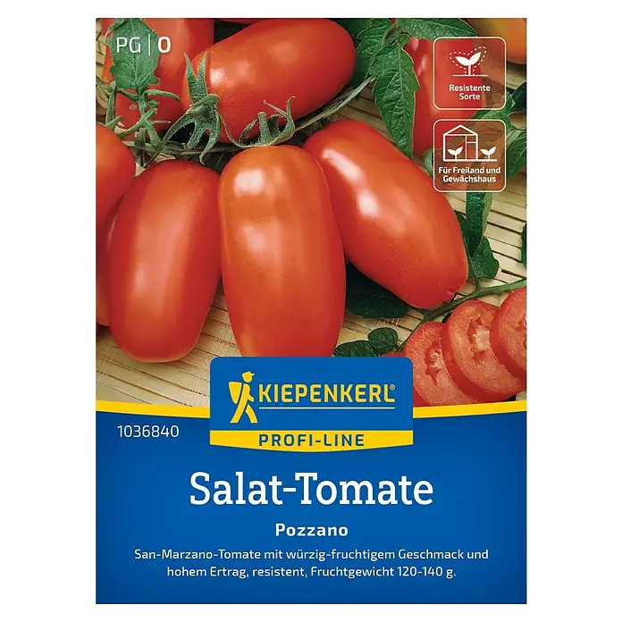 Kiepenkerl Profi-Line Gemüsesamen Tomate Pozzano - Solanum lycopersicum, Erntezeit: Juli - Abbildung der Salat-Tomatensorte Pozzano von Kiepenkerl Profi-Line. Die San-Marzano-Tomate ist würzig-fruchtig, ertragreich und resistent.
