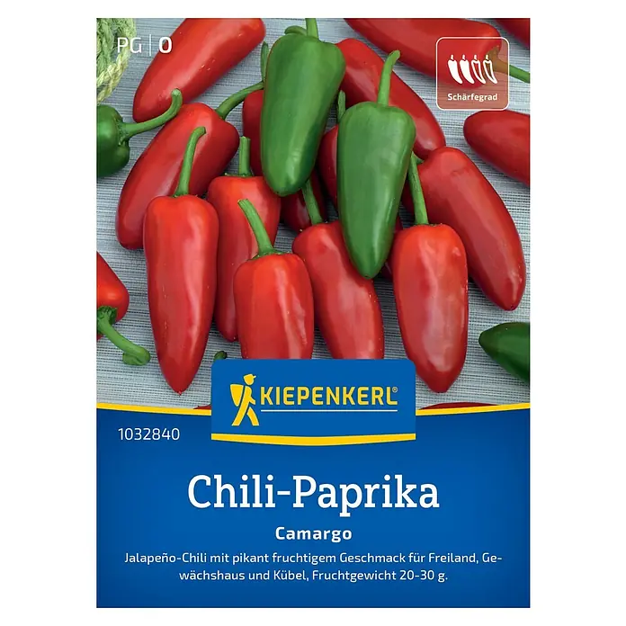 Kiepenkerl Gemüsesamen Chili-Paprika Camargo - Capsicum annuum, Erntezeit: Juli - Abbildung von 'Kiepenkerl Chili-Paprika Camargo'-Samen, die rote und grüne Jalapeño-Chilis zeigen, Schärfegrad 3.