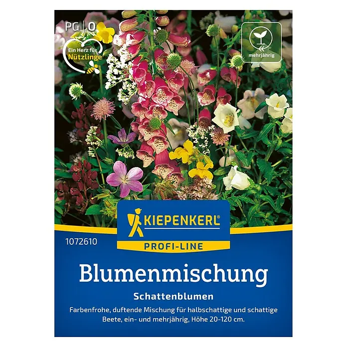 Kiepenkerl Profi-Line Blumensamenmischung Schattenblumen - Verschiedene Sorten, Mehrfarbig, 3 m² - 4 m² - Bild einer "Kiepenkerl"-Blumenmischung für Schattenblumen, ideal für Beete. Die Mischung ist mehrjährig und farbenfroh.