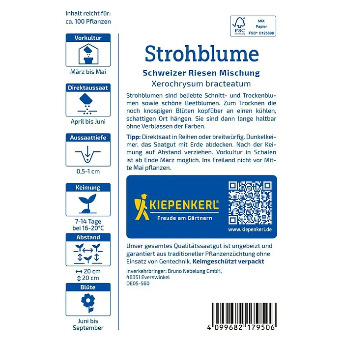 Kiepenkerl Blumensamen Strohblumen - Helichrysum bracteatum, Mehrfarbig - Bild einer Strohblumen-Samenpackung der Marke Kiepenkerl mit Anweisungen zur Aussaat und Pflege.