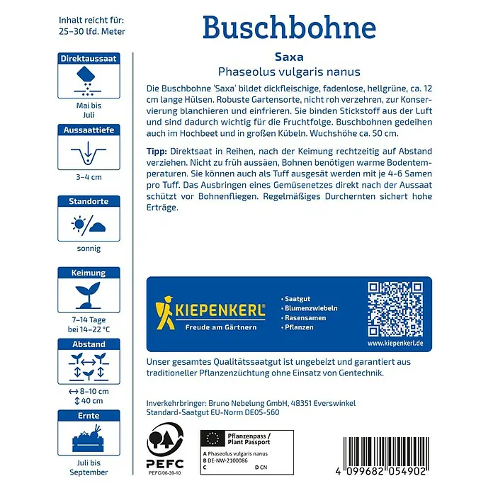 Kiepenkerl Gemüsesamen Buschbohne Saxa Vorteilspack - Phaseolus vulgaris var. nanus, Erntezeit: Juli - Abbildung der Buschbohne 'Saxa' Saatguttüte. Informationen zu Anbau, Ernte und Eigenschaften dieser robusten Sorte sind dargestellt.