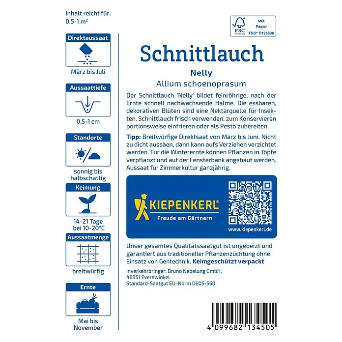 Kiepenkerl Kräutersamen Schnittlauch Nelly - Allium schoenoprasum, Saatzeit: April, Erntezeit: Juni - Bild einer Samenpackung für Schnittlauch "Nelly" von Kiepenkerl, mit Informationen zu Aussaat, Standort und Erntezeit.