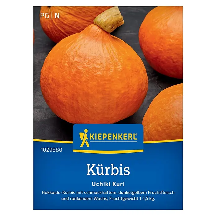 Kiepenkerl Profi-Line Gemüsesamen Kürbis Uchiki Kuri - Cucurbita moschata, Erntezeit: September - Sämerei-Packung für Hokkaido-Kürbis 'Uchiki Kuri' von Kiepenkerl. Orangefarbene Kürbisse sind abgebildet.