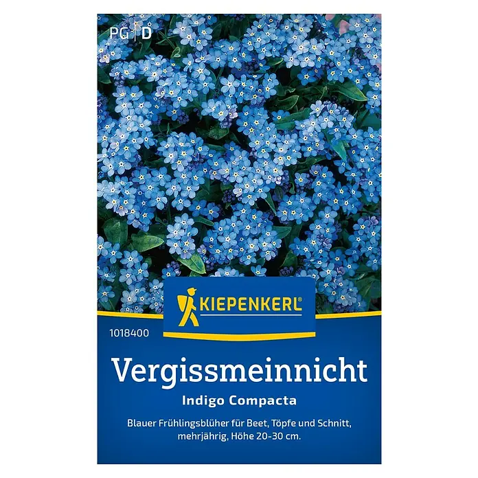 Kiepenkerl Blumensamen Vergissmeinnicht Indigo Compacta - Myosotis sylvatica, Blau - Vergissmeinnicht 'Indigo Compacta' auf einer Produktverpackung. Die Pflanze zeigt dichte, blaue Blüten mit gelben Zentren.