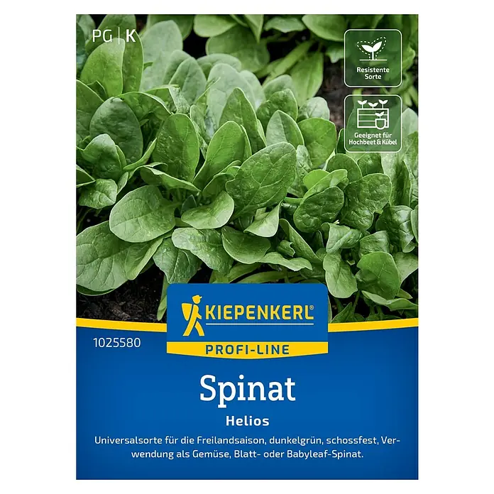 Kiepenkerl Profi-Line Gemüsesamen Spinat Helios - Spinacia oleracea, Erntezeit: April - Abbildung einer Spinat-Samenpackung der Marke Kiepenkerl, Sorte Helios, geeignet für den Anbau im Freiland und im Hochbeet.