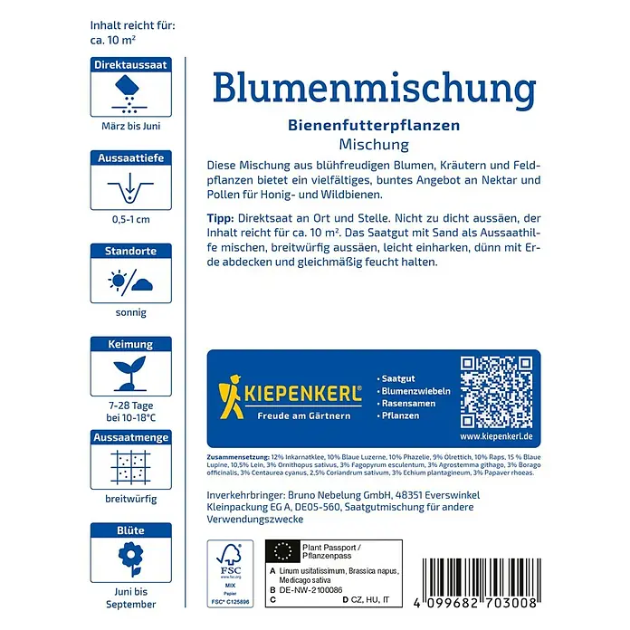 Kiepenkerl Blumensamenmischung Bienenfutterpflanzen - Verschiedene Sorten, Mehrfarbig, 10 m² - Bild einer Kiepenkerl Blumenmischung Samenpackung für Bienenfutterpflanzen mit Anweisungen zur Aussaat und Pflege.