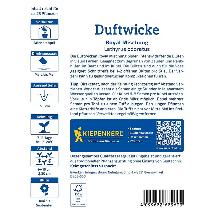 Kiepenkerl Blumensamenmischung Duftwicke Royal - Lathyrus odoratus, Mehrfarbig - Abbildung der Kiepenkerl Duftwicke Royal Mischung Samenpackung mit Anweisungen zur Aussaat und Pflege.