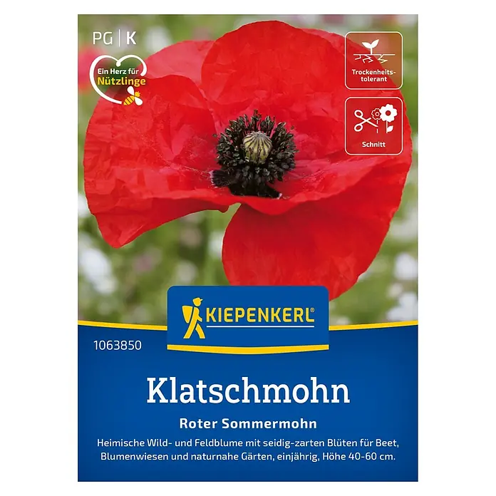 Kiepenkerl Profi-Line Blumensamen Klatschmohn - Papaver rhoeas, Rot, 3 m² - Samenpackung für Klatschmohn, eine heimische Wild- und Feldblume, die sich ideal für Blumenbeete und naturnahe Gärten eignet.