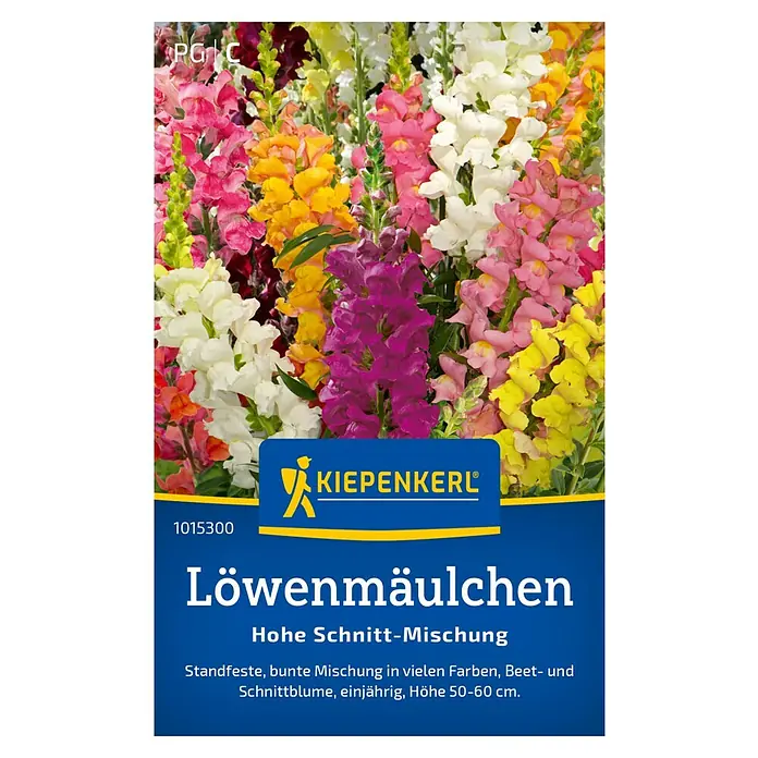 Kiepenkerl Blumensamen Löwenmäulchen - Antirrhinum majus, Mehrfarbig - Abbildung der Löwenmäulchen "Hohe Schnitt-Mischung" von Kiepenkerl, eine farbenfrohe und standfeste Beet- und Schnittblume.