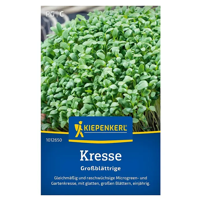 Kiepenkerl Kräutersamen Kresse, glatt - Lepidium sativum, Saatzeit: Ganzjährig, Erntezeit: Ganzjährig - Bild einer Kresse 'Großblättrige' Packung von Kiepenkerl, ideal für Microgreens und Gärten, mit glatten, großen Blättern, einjährig.