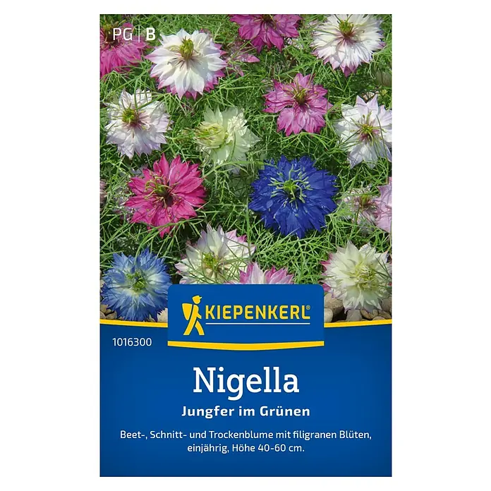Kiepenkerl Blumensamen Nigella Jungfer im Grünen - Nigella damascena, Mehrfarbig - Samenpackung für Nigella 'Jungfer im Grünen' mit farbenprächtigen Blüten, ideal für Beet, Schnitt und Trockenblumenarrangements.