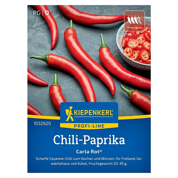 Kiepenkerl Profi-Line Gemüsesamen Chili-Paprika - Capsicum annuum, Erntezeit: Juli - Chili-Paprika 'Carla Rot' Samenpackung von Kiepenkerl, ideal für Gartenliebhaber. Für scharfe Geschmackserlebnisse!