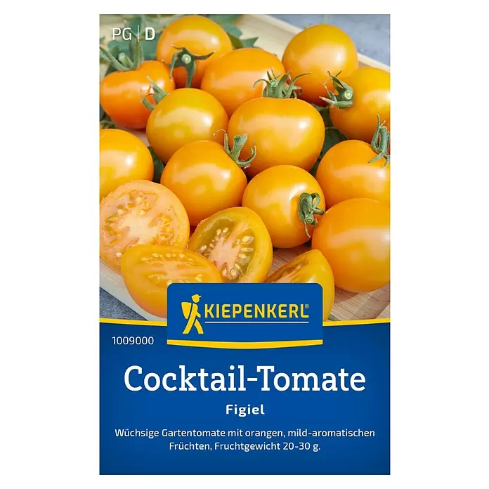 Kiepenkerl Gemüsesamen Cocktail-Tomatensamen Figiel - Solanum lycopersicum, Erntezeit: Juli - Orangene Cocktailtomaten 'Figiel' mit Kiepenkerl-Logo und Produktinfos. Teilweise geschnitten, teilweise ganz.