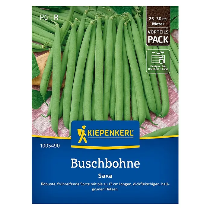Kiepenkerl Gemüsesamen Buschbohne Saxa Vorteilspack - Phaseolus vulgaris var. nanus, Erntezeit: Juli - Abbildung der "Buschbohne Saxa" Samenpackung von Kiepenkerl, eine robuste, frühreifende Sorte mit hellgrünen Hülsen, ideal für Hochbeete.