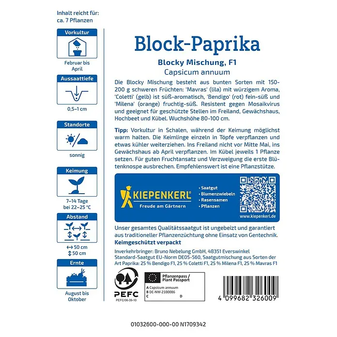 Kiepenkerl Profi-Line Gemüsesamen Blockpaprika Blocky - Capsicum annuum, Erntezeit: August - Produktbild Block-Paprika: Blocky Mischung F1, Capsicum annuum, eine Paprika-Sorte für den Gartenanbau.