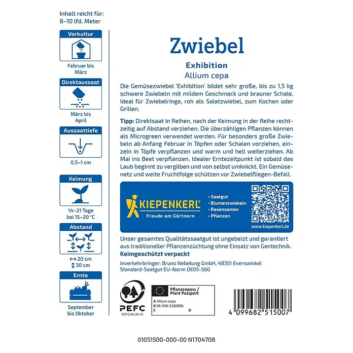 Kiepenkerl Profi-Line Gemüsesamen Gemüsezwiebel Exhibition - Allium cepa, Erntezeit: August - Samenpackung Zwiebel 'Exhibition' Allium cepa, mit Infos zu Anbau, Ernte und Abstand.