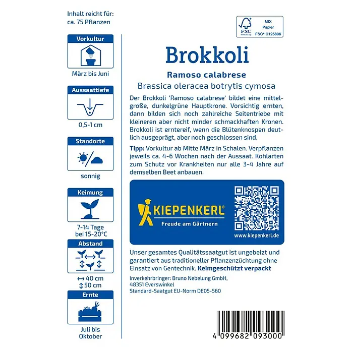 Kiepenkerl Gemüsesamen Brokkoli Marathon - Brassica oleracea var. italica, Erntezeit: Juli - Bild einer Brokkoli-Samenpackung der Marke Kiepenkerl mit Anweisungen zum Anbau des Gemüses.