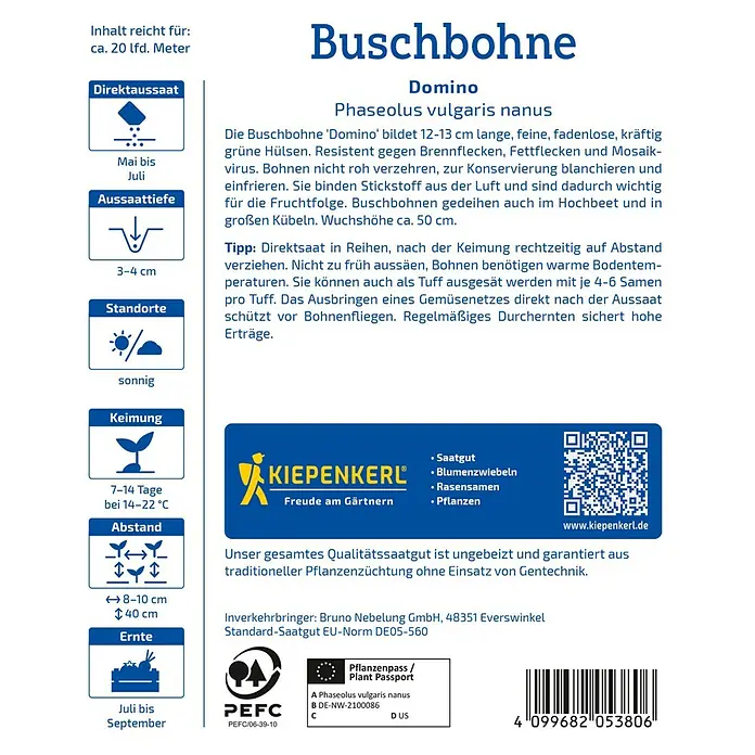 Kiepenkerl Gemüsesamen Buschbohne Domino - Phaseolus vulgaris, Erntezeit: Juli - Buschbohne Domino Samenpackung mit Anbauhinweisen für ertragreiche, grüne Hülsen.