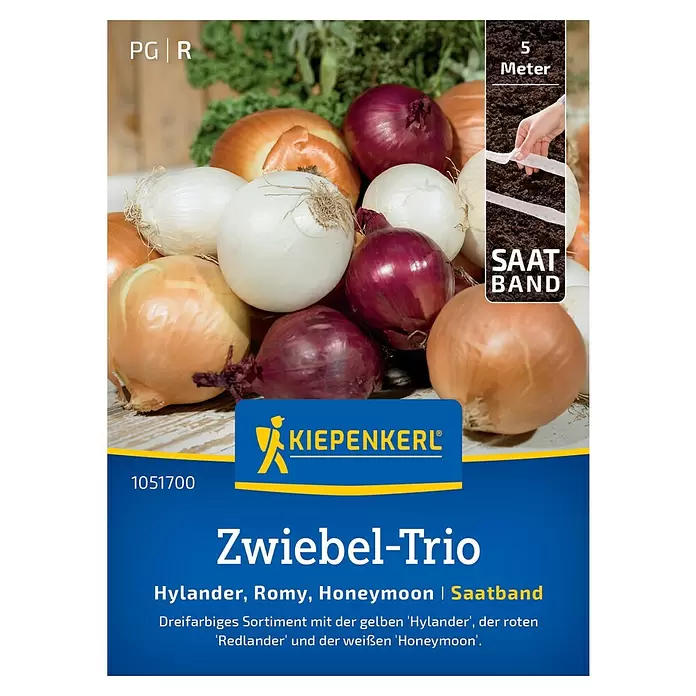 Kiepenkerl Gemüsesamenmischung Zwiebel-Trio - Allium cepa, Erntezeit: August, Inhalt reicht für ca. 5 Meter - Sortiment aus gelben, roten und weißen Zwiebeln mit Saatband zum Pflanzen.