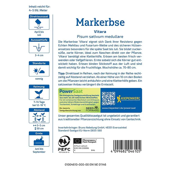 Kiepenkerl Profi-Line Gemüsesamen Markerbse - Pisum sativum convar. medullare, Erntezeit: Juni - Markerbse 'Vitara' Saatguttüte mit Anbauhinweisen wie Aussaatzeit, Abstand und Standort für eine reiche Ernte.