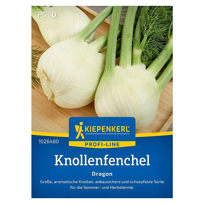 Kiepenkerl Profi-Line Gemüsesamen Knollenfenchel Dragon, F1 - Foeniculum vulgare var. azoricum, Erntezeit: Juli - Das Bild zeigt eine Packung 'Knollenfenchel Dragon' Samen von Kiepenkerl Profi-Line, mit frischen Fenchelknollen im Hintergrund.